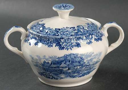 English Village Blue Sugar Bowl & Lid