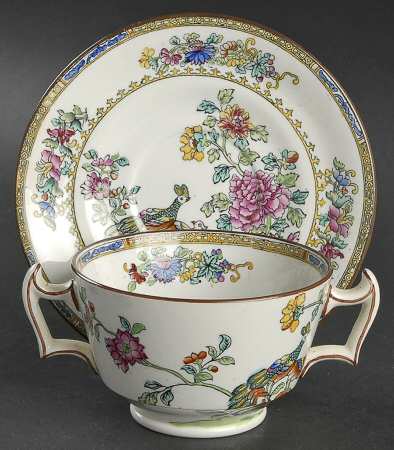 Spode's Peacock (Scalloped) Footed Bouillon Cup & Saucer