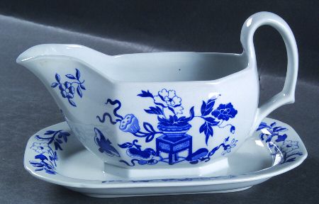 Blue Bowpot All Blue (Fine Newstone) Gravy Boat with Attached Underplate