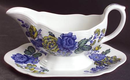 Blue Flowers Gravy Boat with Attached Underplate