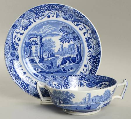 Blue Italian Footed Cream Soup Bowl & Saucer Set