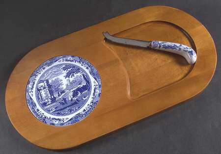 Blue Italian Cheese & Cracker Oval Wood Tray W/Knife