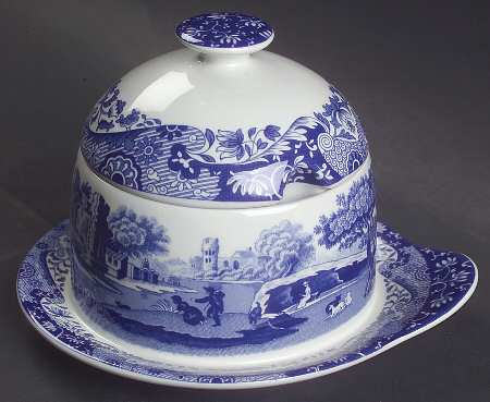 Blue Italian Condiment Pot with Lid & Attached Underplate