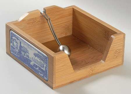 Blue Italian 5" Bamboo Cocktail Napkin Holder with Weight