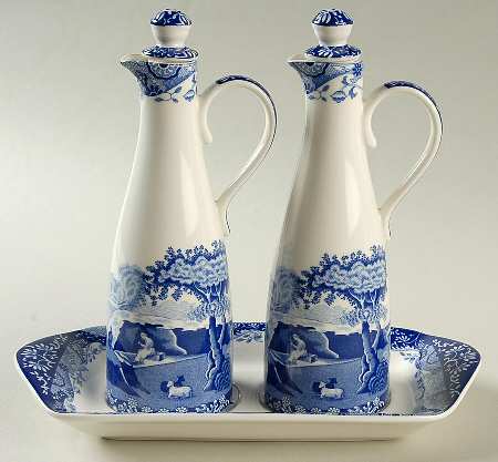 Blue Italian Vinegar and Oil with "V" and "O" Stoppers on Tray