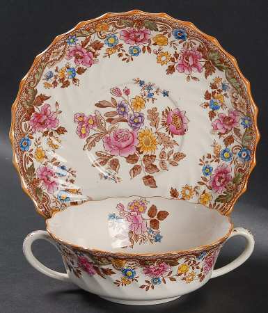 British Flowers Flat Cream Soup Bowl & Saucer Set