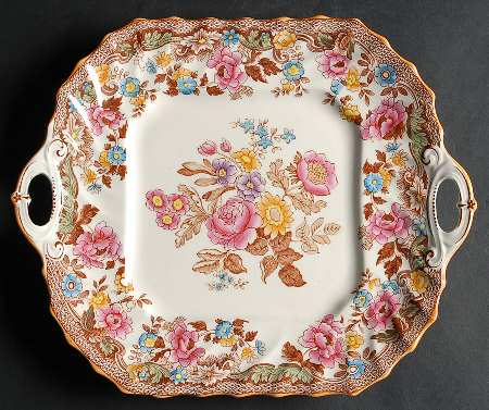 British Flowers Handled Cake Plate