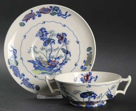 Bude Blue Multicolor (Scalloped) Footed Cream Soup Bowl & Saucer Set