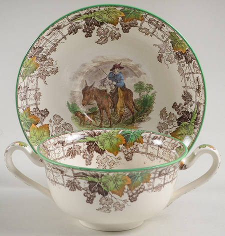 Byron Multicolor (Green Trim) Footed Cream Soup Bowl & Saucer Set