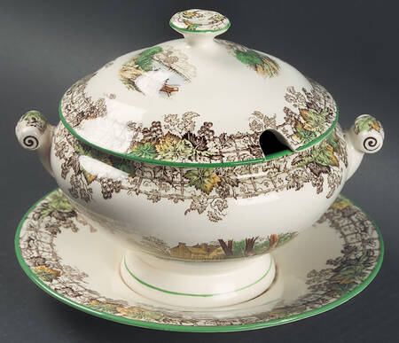 Byron Multicolor (Green Trim) Sauce Boat & Lid with Underplate