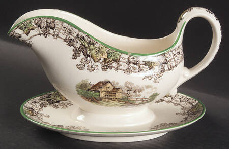 Byron Multicolor (Green Trim) Gravy Boat with Attached Underplate