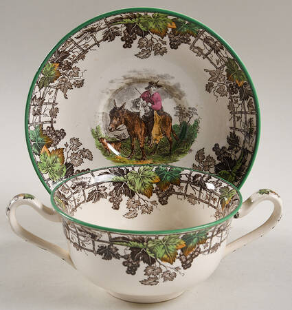 Byron Multicolor (Green Trim) Footed Cream Soup Bowl & Saucer Set by Spode
