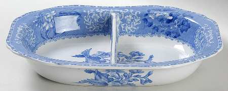 Camilla Blue (Earthenware, Scalloped) 10" Oval Divided Vegetable Bowl