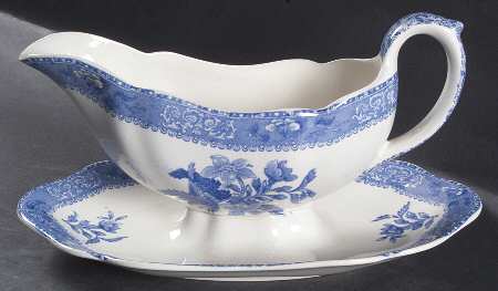 Camilla Blue (Earthenware, Scalloped) Gravy Boat with Attached Underplate