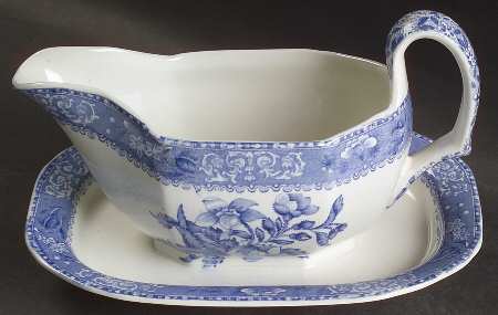 Camilla Blue (Earthenware, Scalloped) Gravy Boat with Attached Underplate