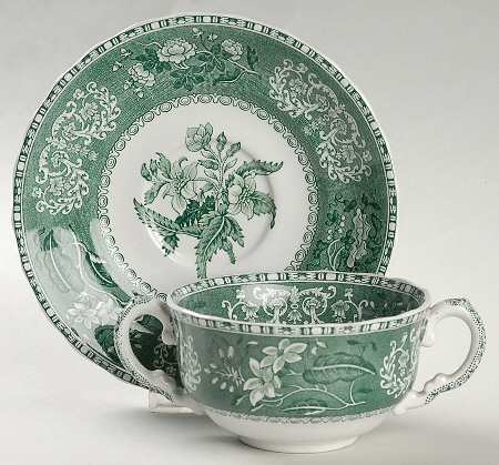 Green Camilla (Scallop, New Black Stamp) Flat Cream Soup Bowl & Saucer Set