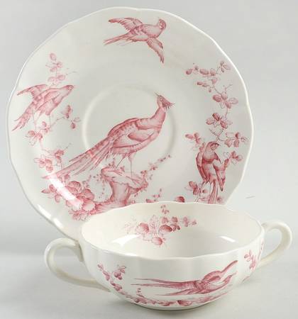 Chelsea Bird Red Flat Cream Soup Bowl & Saucer Set