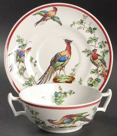 Chelsea Bird Black Bird Footed Cream Soup Bowl & Saucer Set