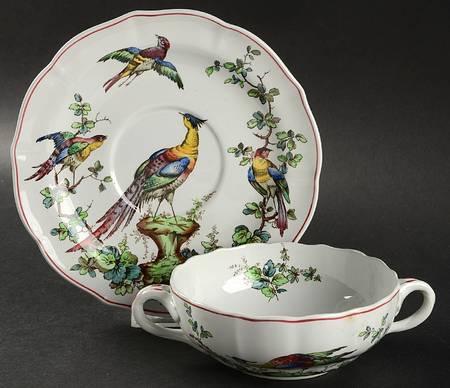 Chelsea Bird (Thin Red Line) Flat Cream Soup Bowl & Saucer Set