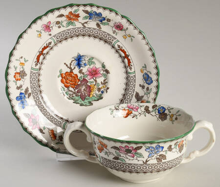 Chinese Rose Bone Flat Cream Soup Bowl & Saucer Set