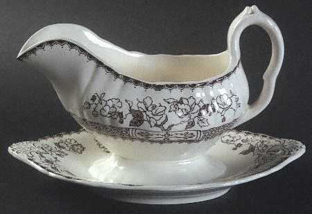 Chinese Rose Brown (Scalloped) Gravy Boat with Attached Underplate