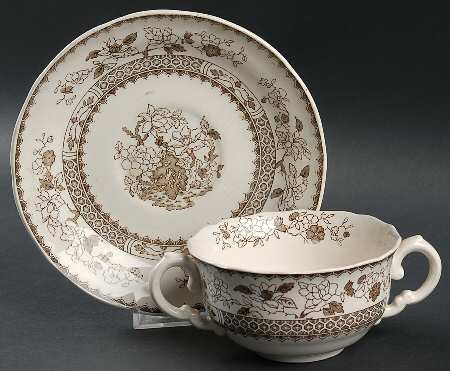 Chinese Rose Brown (Scalloped) Flat Cream Soup Bowl & Saucer Set