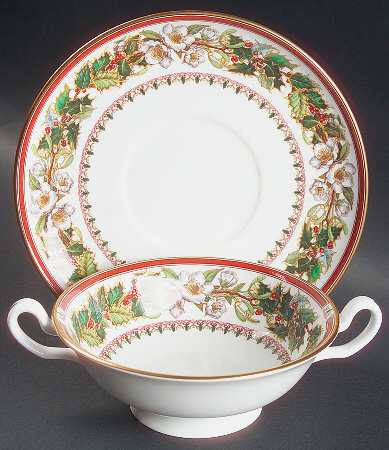 Christmas Rose Footed Cream Soup Bowl & Saucer Set