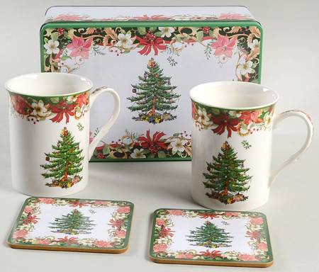 Christmas Tree 5 Pc Mug & Coaster Set w/Tin