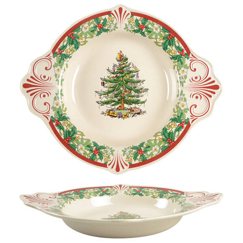 Christmas Tree 15" Round Handled Embossed 70th Anniversary Bowl