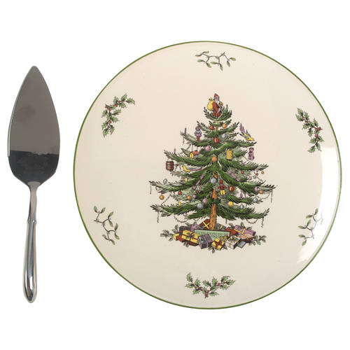 Christmas Tree Cake Plate & Solid Stainless Server w/Box
