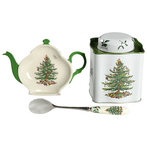 Christmas Tree (3 Pc) Tea Set (Tin Tea Caddy,Spoon &Spoon Holder