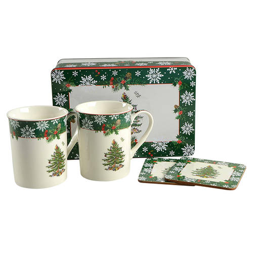 Christmas Tree 5 Pc Mug & Coaster Set W/Tin