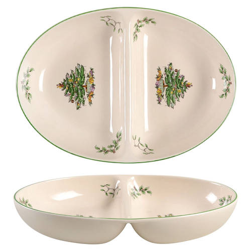 Christmas Tree 11" Oval Divided Vegetable Bowl