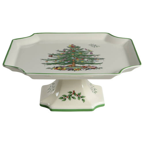 Christmas Tree 10" Diameter Square Pedestal Cake Stand