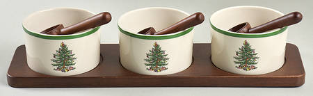 Christmas Tree (7 Piece) Condiment Bowl Set w/Wood Tray