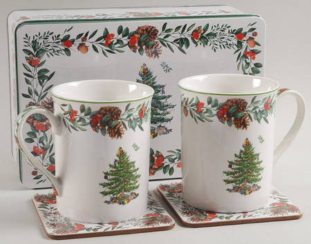 Christmas Tree 5 Pc Mug & Coaster Set W/Tin