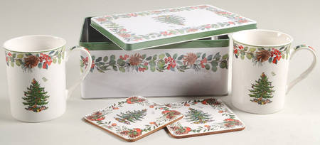 Christmas Tree 5 Pc Mug & Coaster Set W/Tin