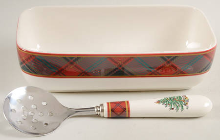 Christmas Tree Rectangular Cranberry Bowl & Stnl Ceramic Server