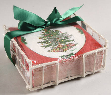 Christmas Tree Package of Paper Beverage Napkins & Metal Caddy