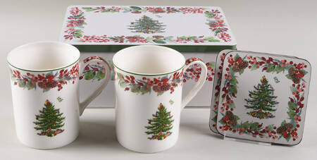 Christmas Tree 5 Pc Mug & Coaster Set W/Tin