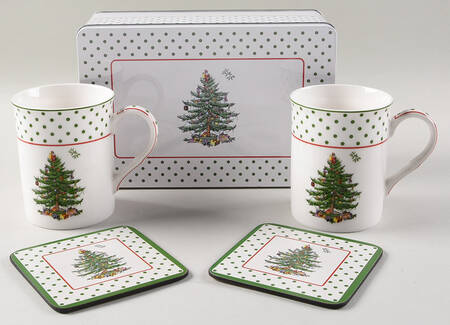 Christmas Tree 5 Pc Mug & Coaster Set W/Tin