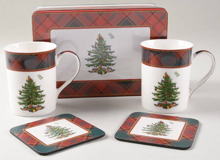 Christmas Tree 5 Pc Mug & Coaster Set W/Tin