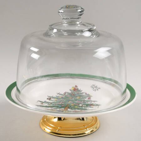 Christmas Tree 6 1/2"-7 1/2" Footed Cheese Plate w/ Glass Dome HC