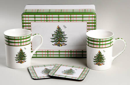 Christmas Tree 5 Pc Mug & Coaster Set W/Tin