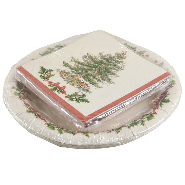 Christmas Tree 8 Paper Dessert Plate and 20 Paper Beverage Napkin Set