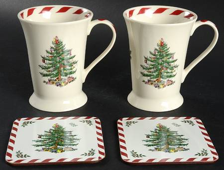 Christmas Tree Accent Mugs & Square Coasters - 2 each - Set of 4