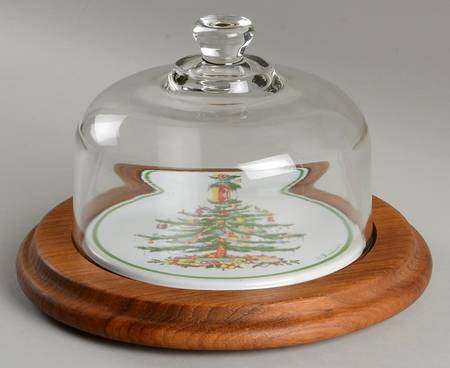 Christmas Tree Cheese Dish with Wood Base and Glass Dome