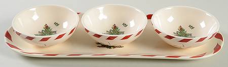 Christmas Tree Oval Peppermint Tray w/3 Dipping Bowls