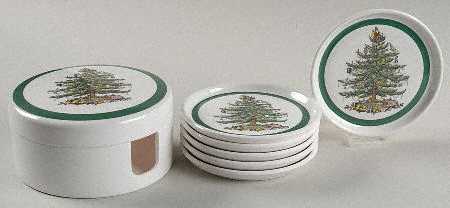 Christmas Tree Plastic Coaster - Set of 6 & Holder with Lid