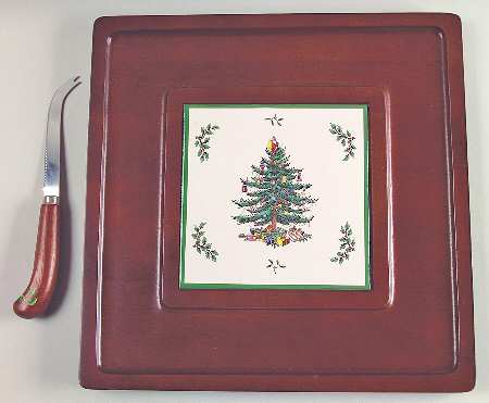 Christmas Tree Cheese Board with Ceramic Tile & Wood Handle Knife